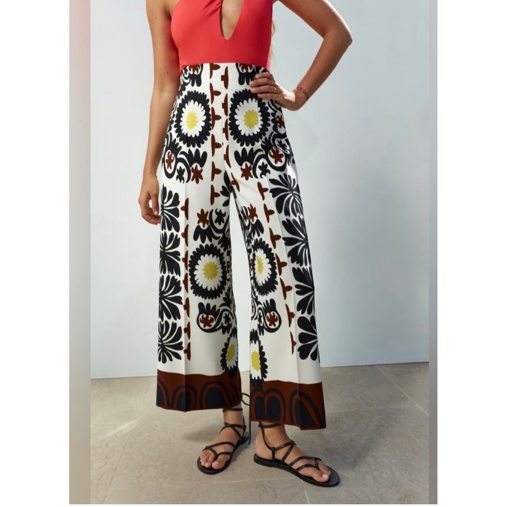 Zara Wide Leg Print Pants in White, Black, Brown & Yellow